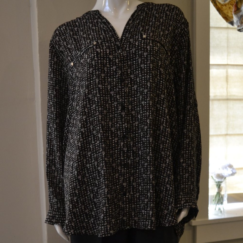 Black Blouse with White and Brown Print and Roll Sleeve Button